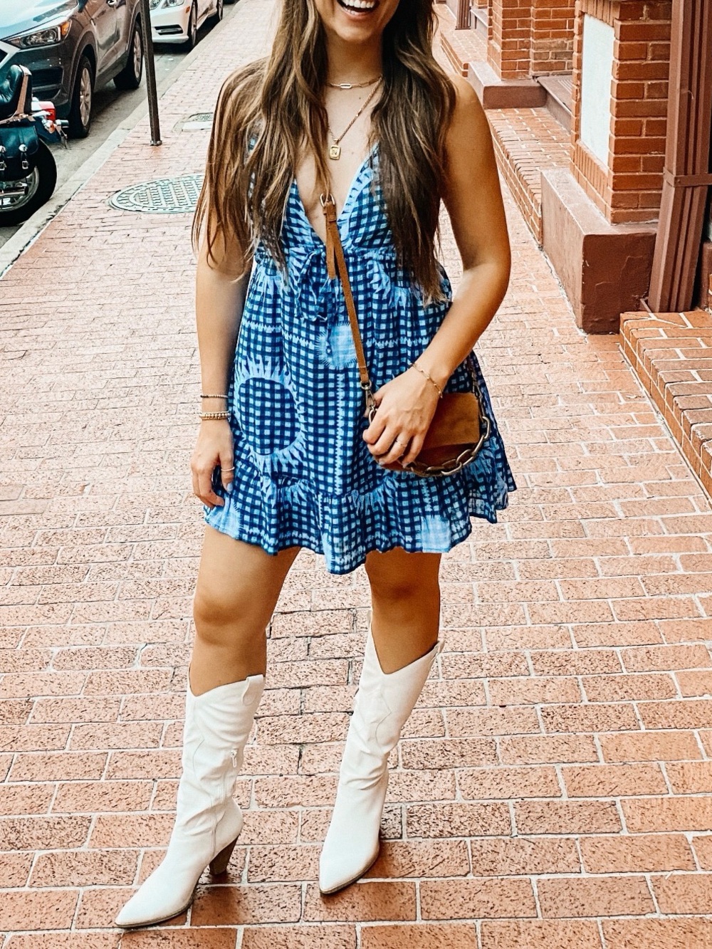 Blue Gingham Tie-Front Mini Dress